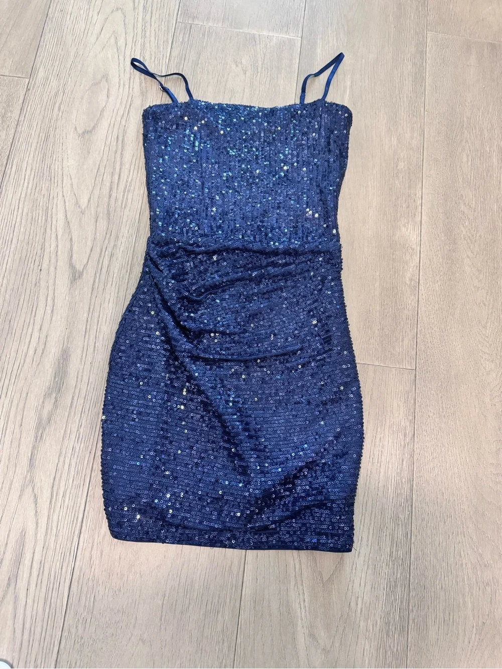 KatieJ NYC Sparkling Navy Sequin Bodycon Dress with Spaghetti Straps